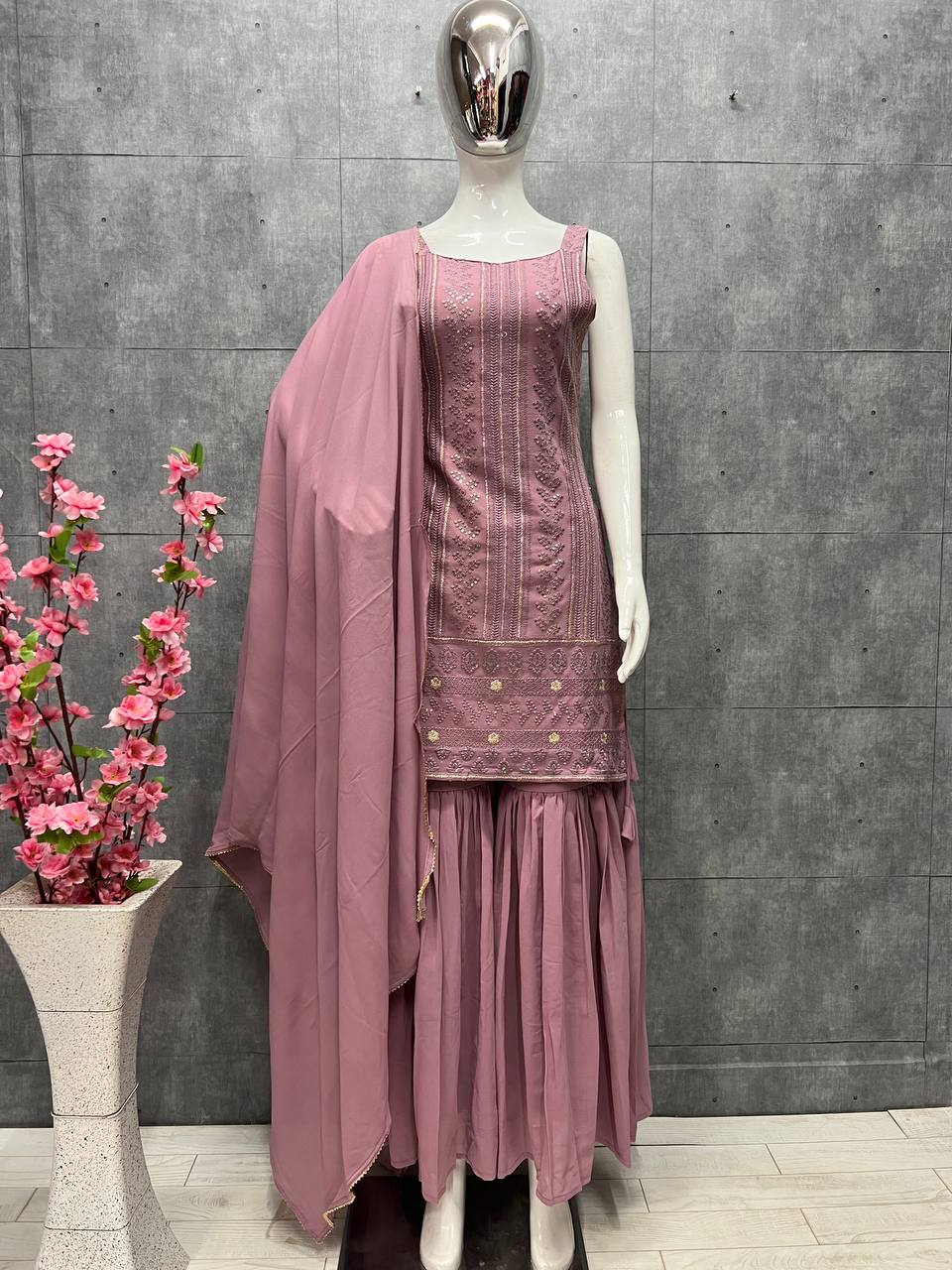 Dusty Pink Elegant Pure Lukhnowi Embroidered Georgette Kurta Sharara Dupatta Set Main image