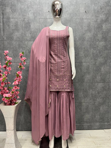 Dusty Pink Elegant Pure Lukhnowi Embroidered Georgette Kurta Sharara Dupatta Set