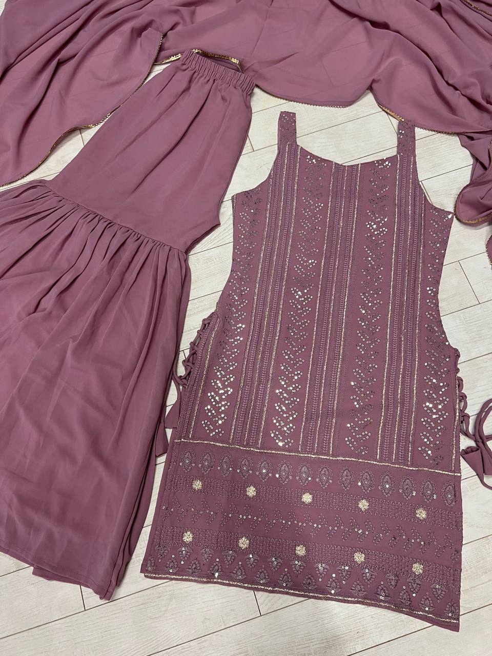 Dusty Pink Elegant Pure Lukhnowi Embroidered Georgette Kurta Sharara Dupatta Set Secondary image