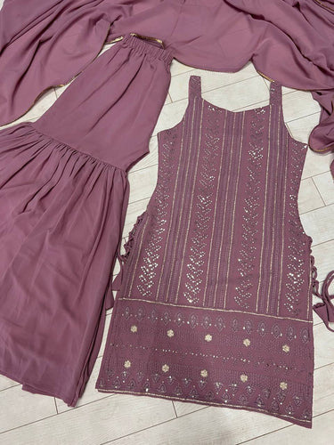 Dusty Pink Elegant Pure Lukhnowi Embroidered Georgette Kurta Sharara Dupatta Set