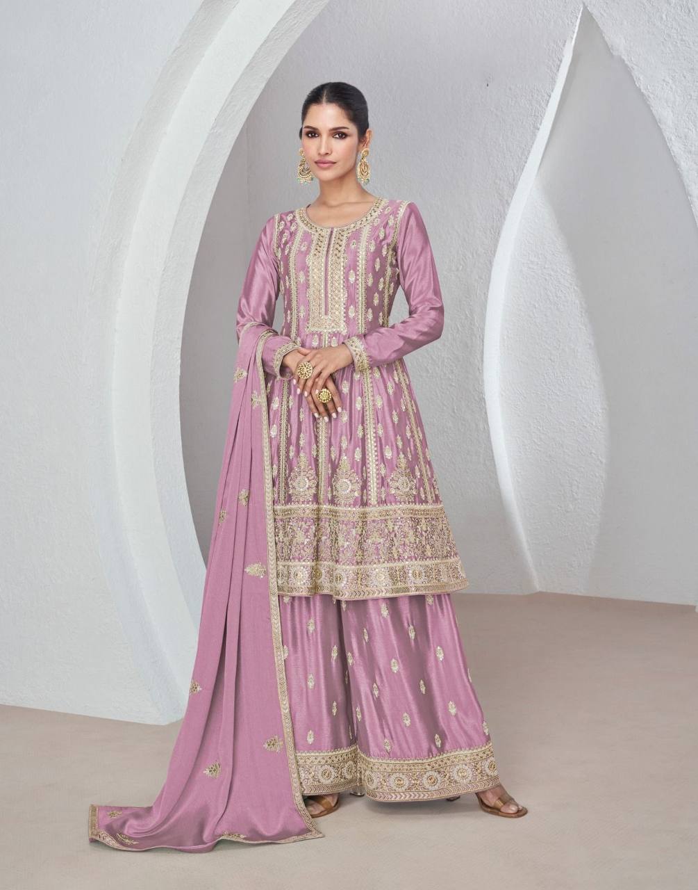 Dusty Pink Graceful Chinon Embroidered Suit Set with Dupatta ClothsVilla