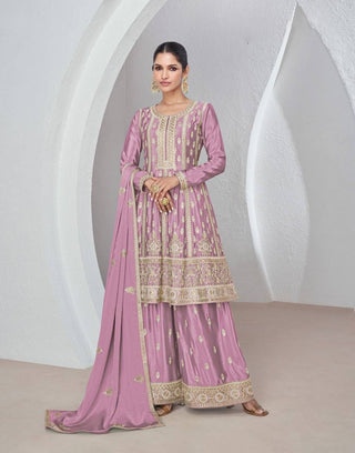 Dusty Pink Graceful Chinon Embroidered Suit Set with Dupatta ClothsVilla