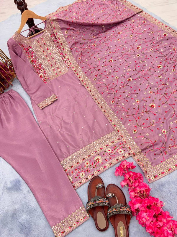 Dusty Pink Premium Designer Readymade Suit Set Heavy Chinon Silk Clothsvilla