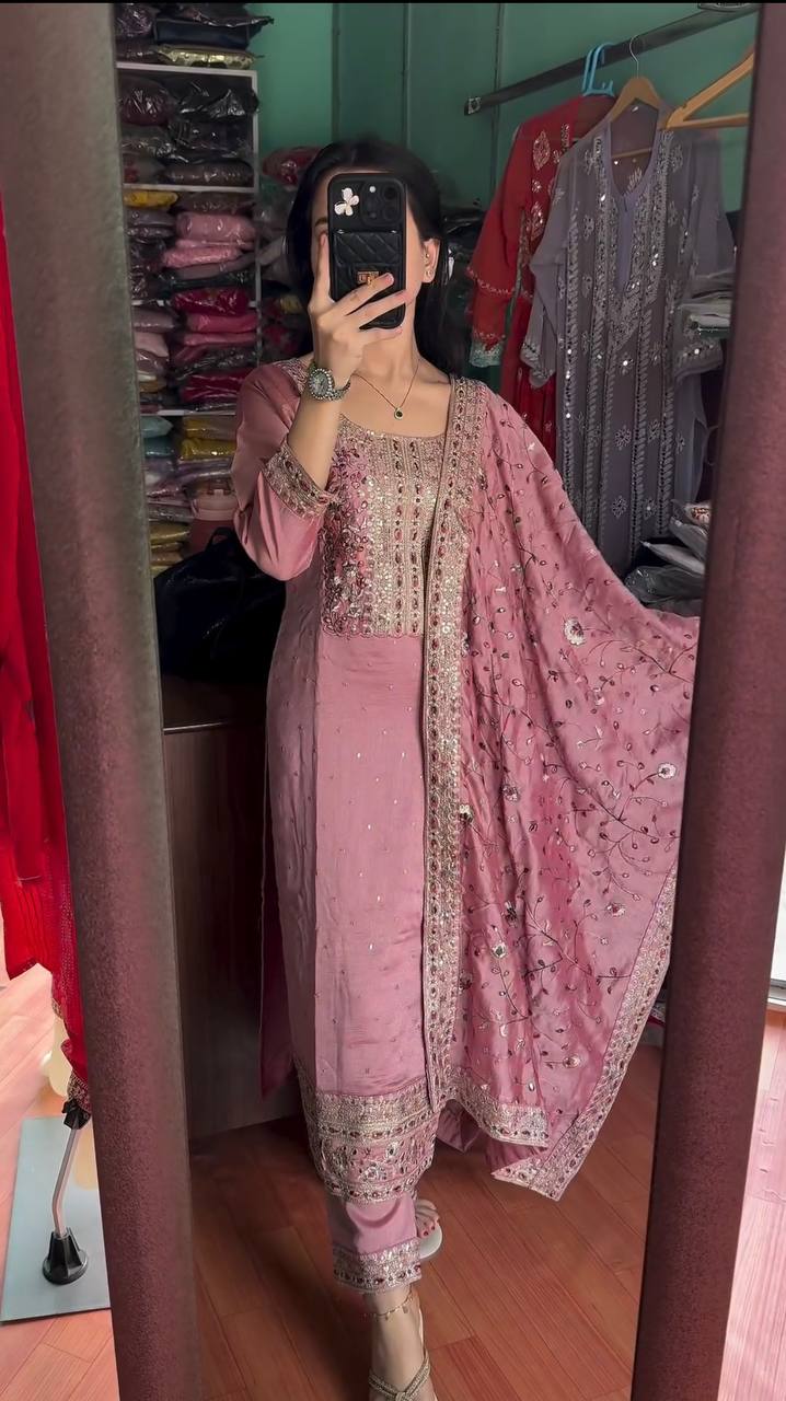Dusty Pink Premium Designer Readymade Suit Set Heavy Chinon Silk Clothsvilla Main image