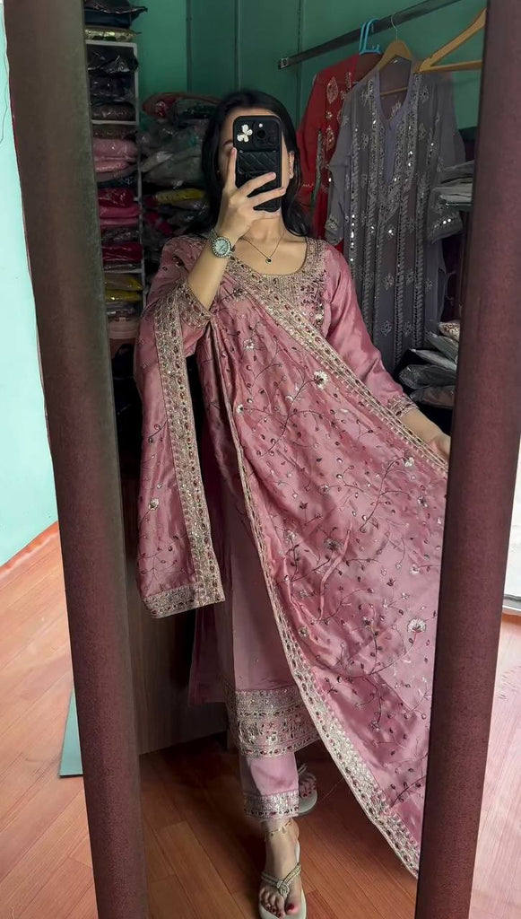 Dusty Pink Premium Designer Readymade Suit Set Heavy Chinon Silk Clothsvilla