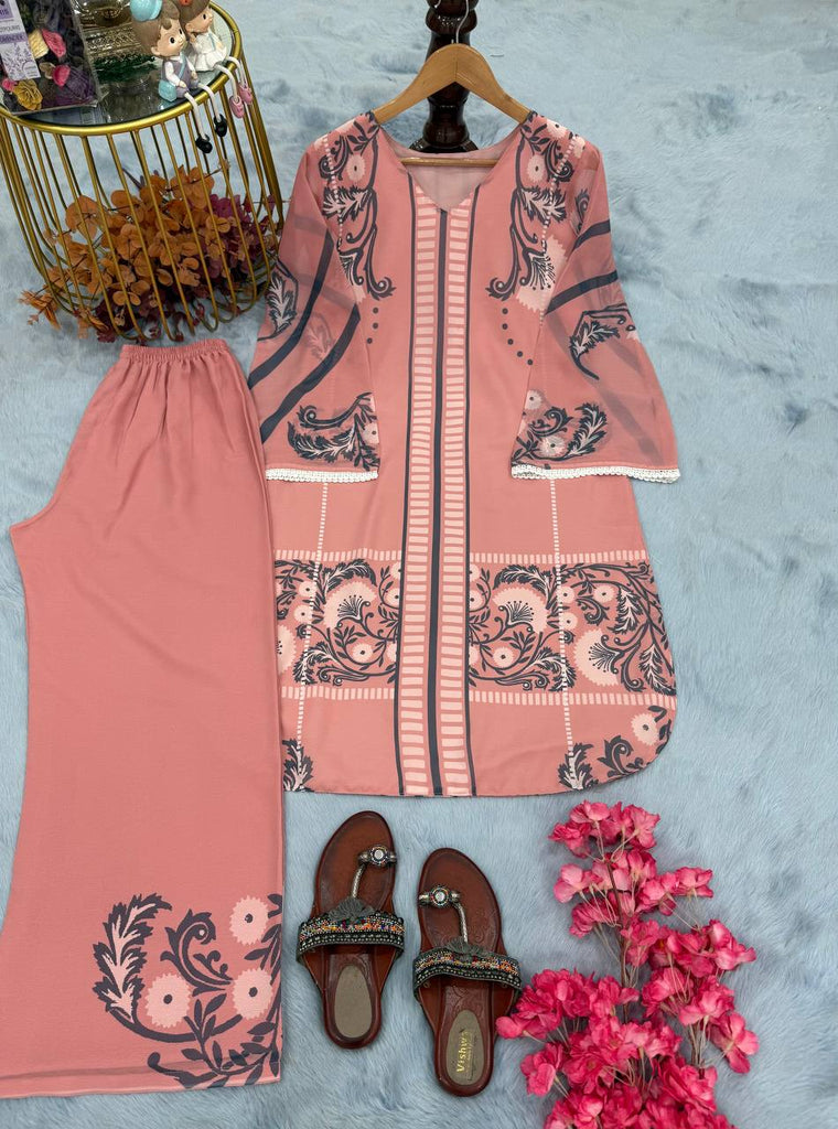 Dusty Pink Pure Natural Crepe Embroidered Farshi Plazzo Set with Organza Silk Dupatta – Full Stitched ClothsVilla