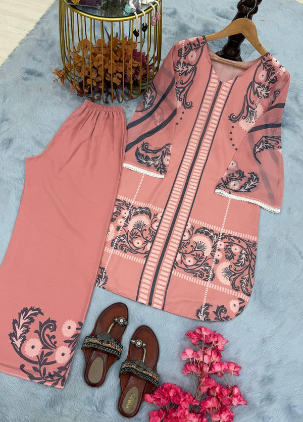 Dusty Pink Pure Natural Crepe Embroidered Farshi Plazzo Set with Organza Silk Dupatta – Full Stitched ClothsVilla