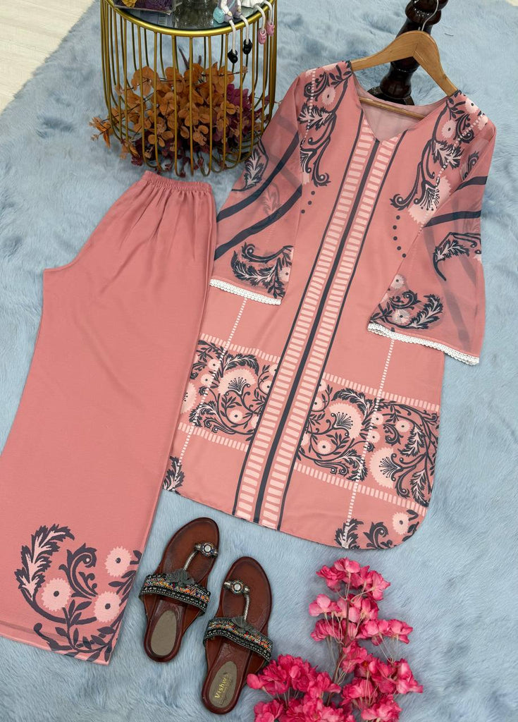 Dusty Pink Pure Natural Crepe Embroidered Farshi Plazzo Set with Organza Silk Dupatta – Full Stitched ClothsVilla