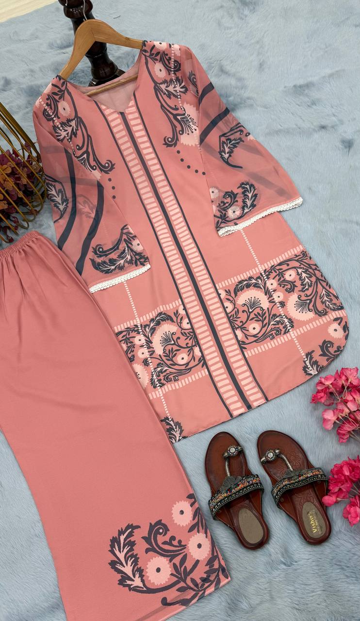 Dusty Pink Pure Natural Crepe Embroidered Farshi Plazzo Set with Organza Silk Dupatta – Full Stitched ClothsVilla