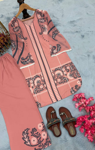 Dusty Pink Pure Natural Crepe Embroidered Farshi Plazzo Set with Organza Silk Dupatta – Full Stitched ClothsVilla
