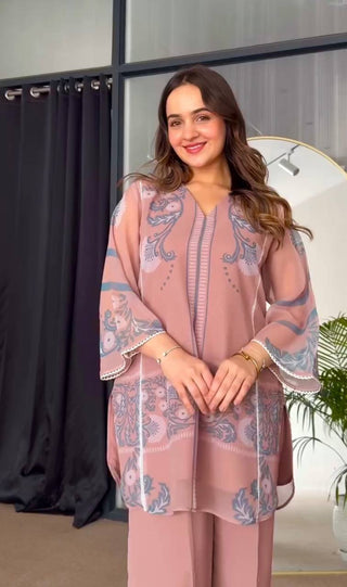 Dusty Pink Pure Natural Crepe Embroidered Farshi Plazzo Set with Organza Silk Dupatta – Full Stitched ClothsVilla