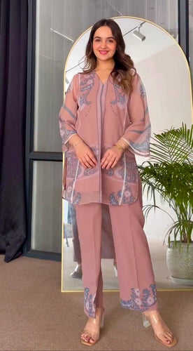 Dusty Pink Pure Natural Crepe Embroidered Farshi Plazzo Set with Organza Silk Dupatta – Full Stitched ClothsVilla