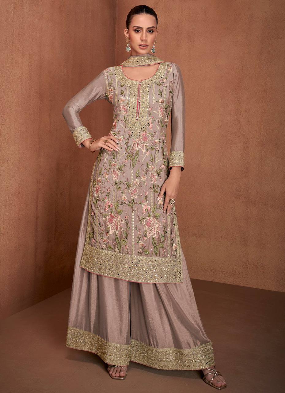 Dusty Purple Chinon Embroidered Suit Set with Dupatta – Fully Stitched ClothsVilla