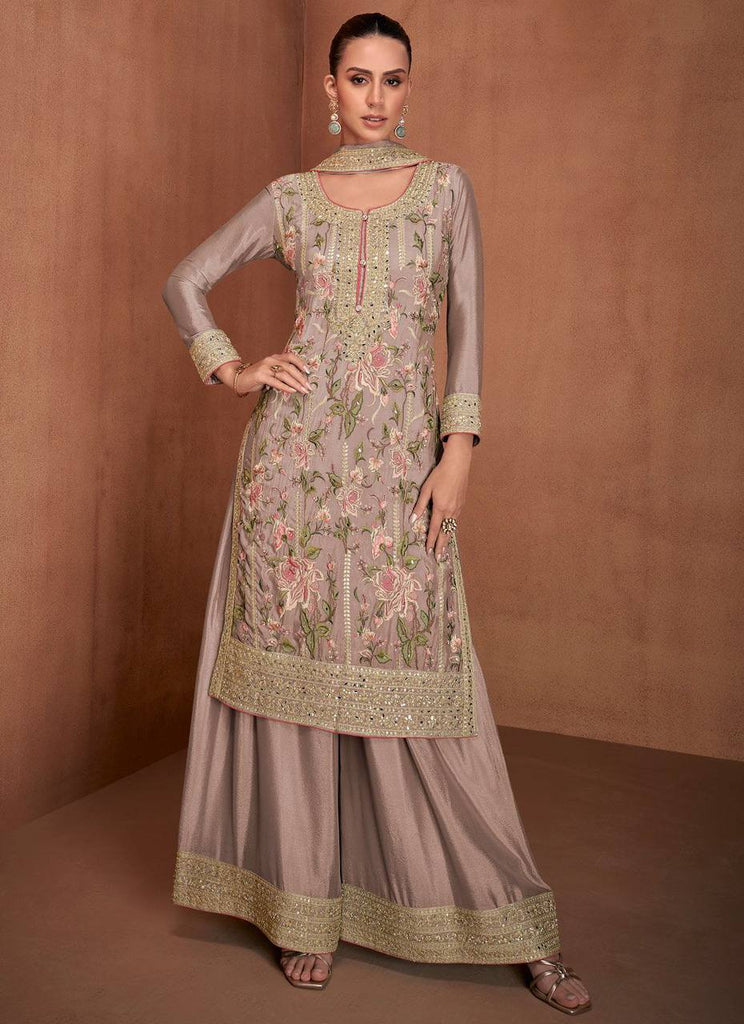 Dusty Purple Chinon Embroidered Suit Set with Dupatta – Fully Stitched ClothsVilla