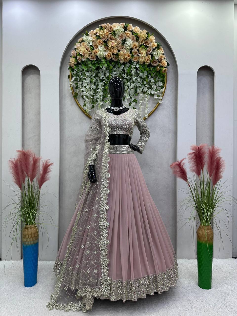 Dusty Purple Designer Faux Georgette Semi-Stitched Lehenga Set with Sequin & Thread Work Clothsvilla