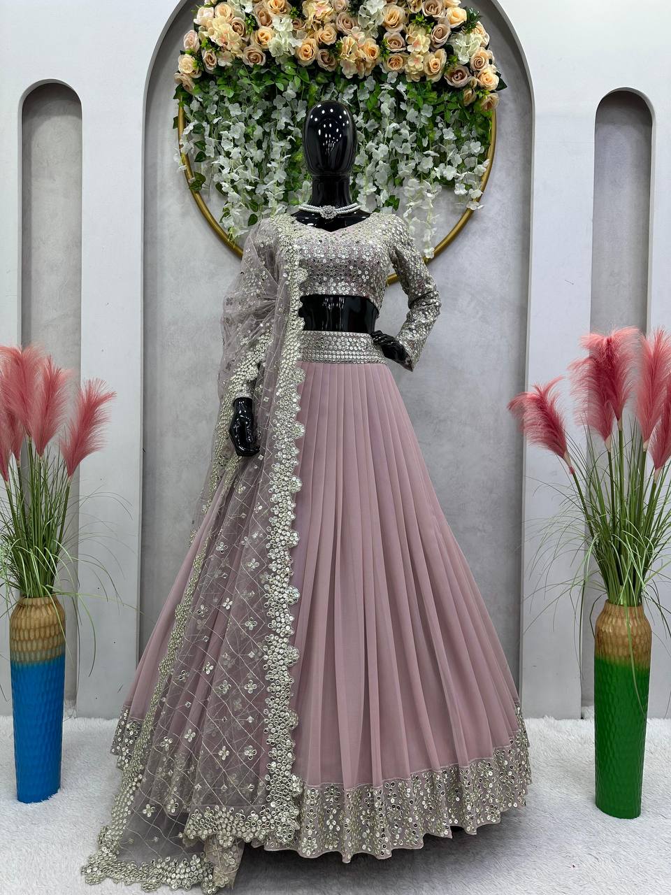 Dusty Purple Designer Faux Georgette Semi-Stitched Lehenga Set with Sequin & Thread Work Clothsvilla