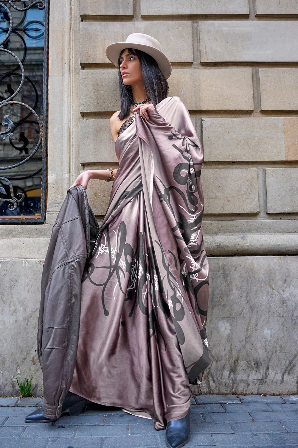 Dusty Purple Digital Printed Satin Crepe Saree with Blouse Piece – Festive & Partywear ClothsVilla Main image