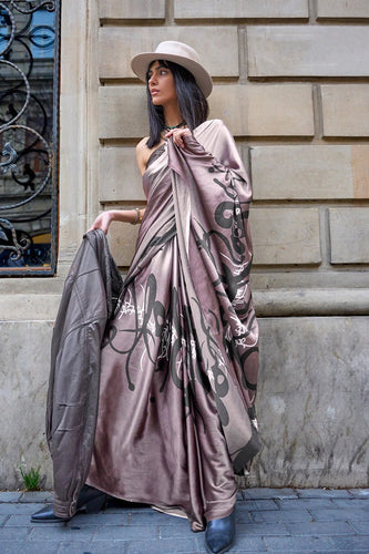 Dusty Purple Digital Printed Satin Crepe Saree with Blouse Piece – Festive & Partywear ClothsVilla
