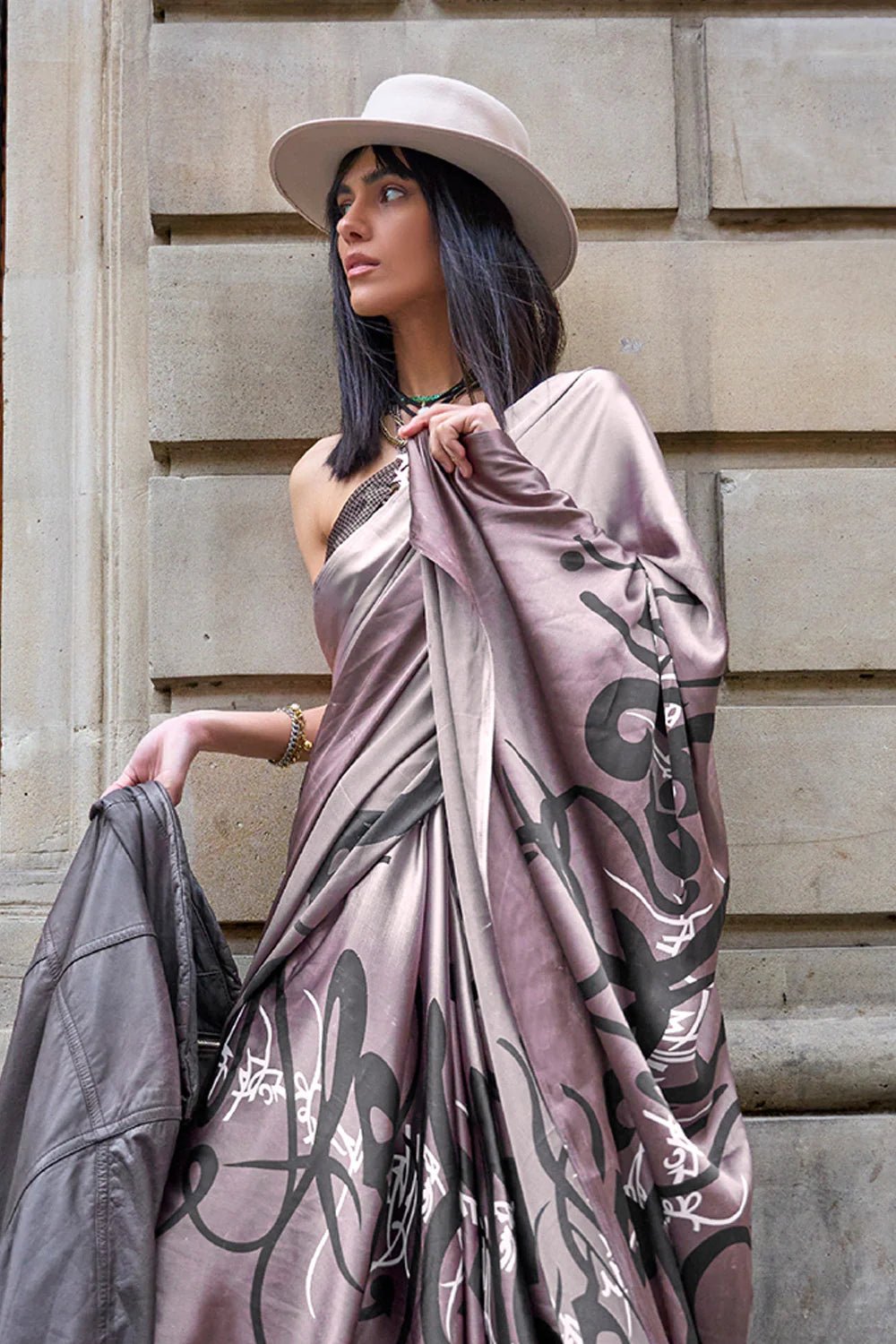 Dusty Purple Digital Printed Satin Crepe Saree with Blouse Piece – Festive & Partywear Secondary image