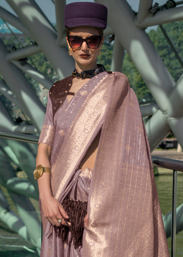 Dusty Purple Elegant Banarasi Blended Silk Saree – Handwoven Heritage for Special Occasions ClothsVilla