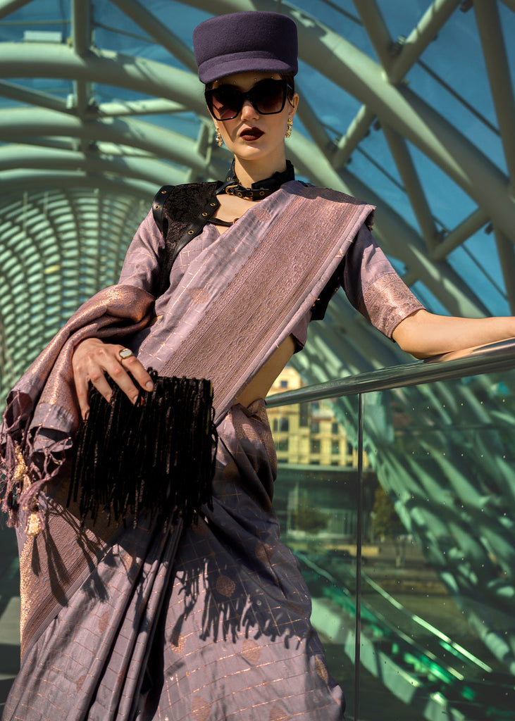 Dusty Purple Elegant Banarasi Blended Silk Saree – Handwoven Heritage for Special Occasions ClothsVilla
