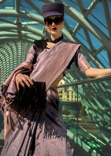 Dusty Purple Elegant Banarasi Blended Silk Saree – Handwoven Heritage for Special Occasions ClothsVilla