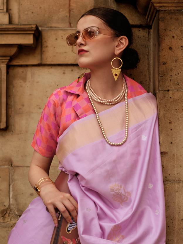 Dusty Purple Elegant Banarasi Silk Blend Saree with Tassel Detailing – Unstitched Blouse Piece ClothsVilla