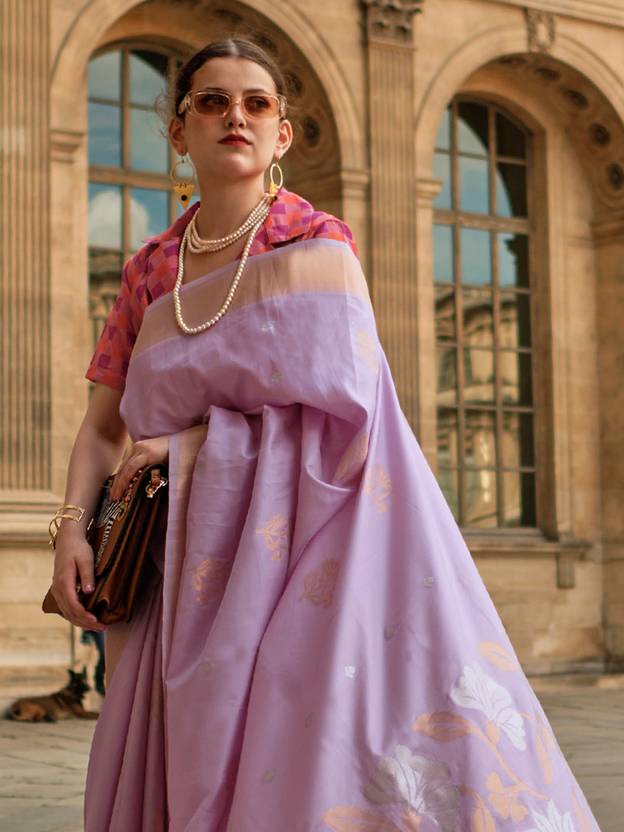 Dusty Purple Elegant Banarasi Silk Blend Saree with Tassel Detailing – Unstitched Blouse Piece ClothsVilla