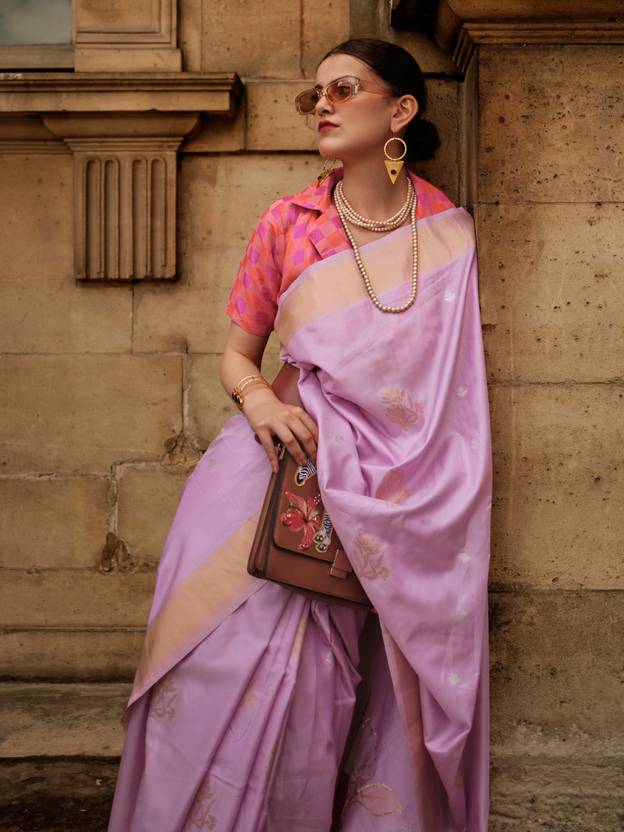 Dusty Purple Elegant Banarasi Silk Blend Saree with Tassel Detailing – Unstitched Blouse Piece ClothsVilla