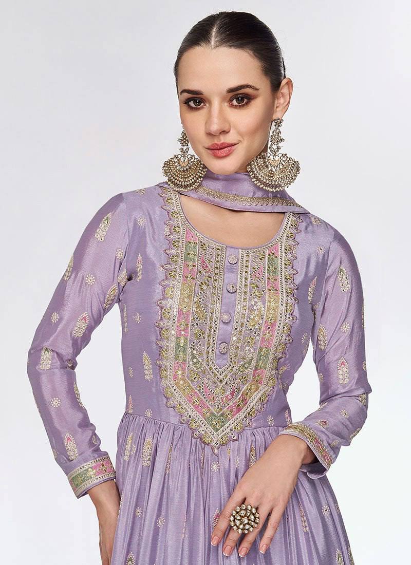 Dusty Purple Elegant Embroidered Chinon Gown with Dupatta ClothsVilla