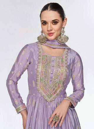 Dusty Purple Elegant Embroidered Chinon Gown with Dupatta ClothsVilla