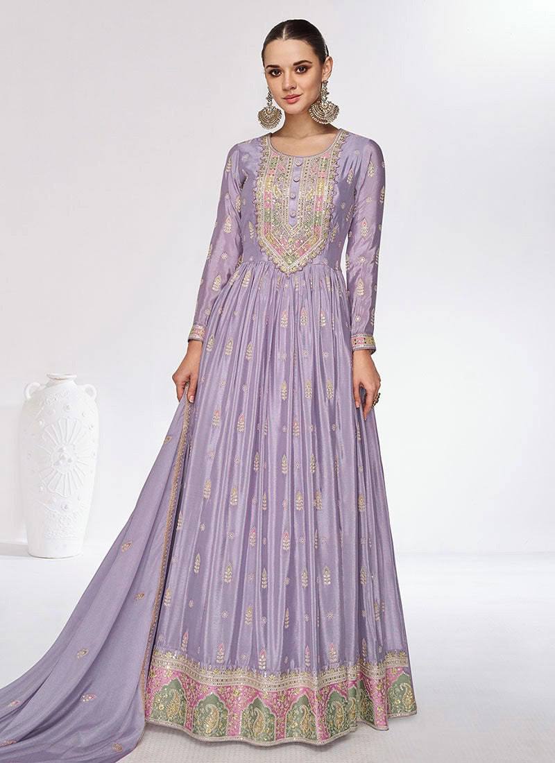 Dusty Purple Elegant Embroidered Chinon Gown with Dupatta ClothsVilla