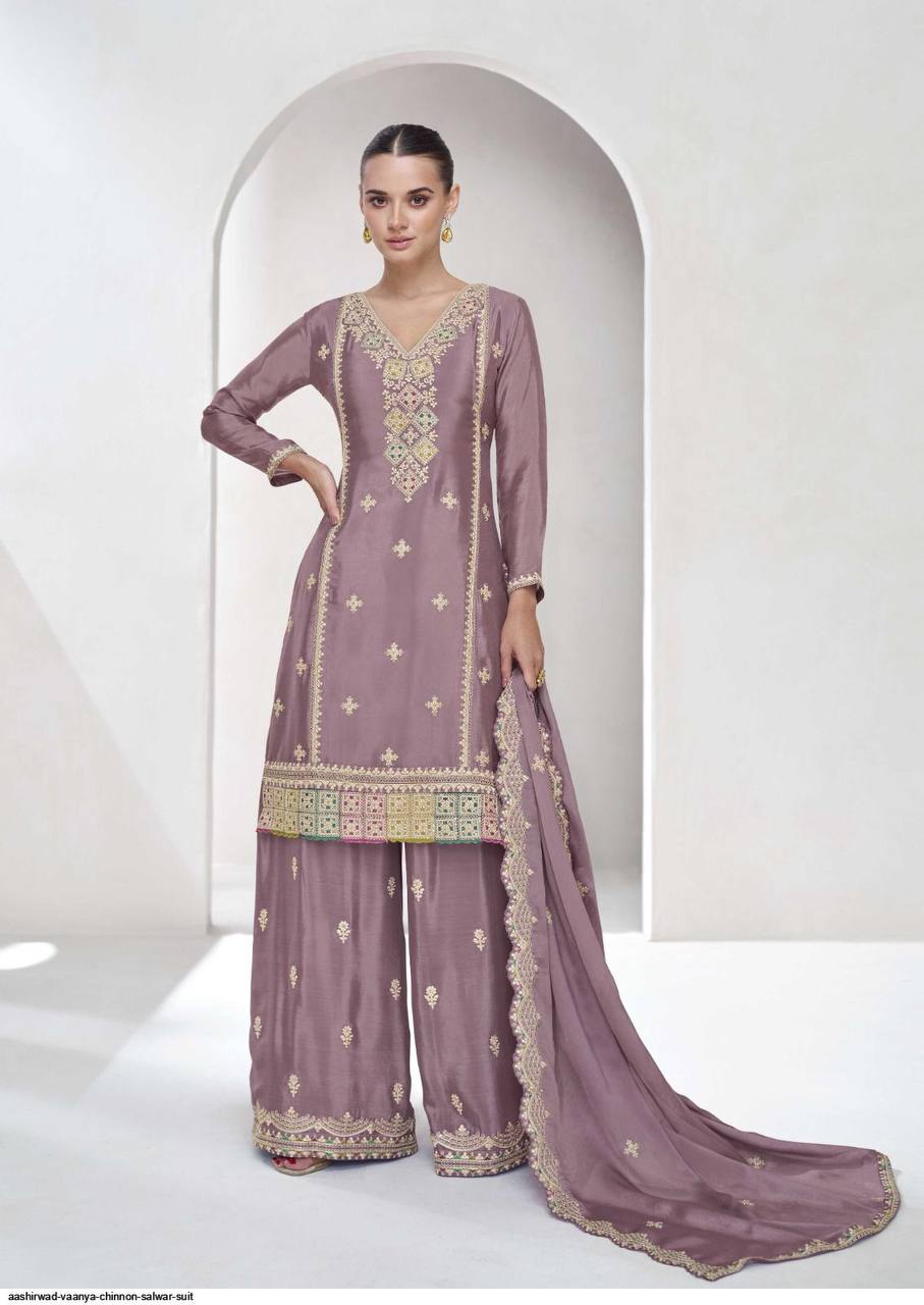 Dusty Purple Elegant Embroidered Chinon Plazo Suit Set – Full Stitched ClothsVilla