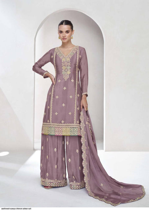 Dusty Purple Elegant Embroidered Chinon Plazo Suit Set – Full Stitched ClothsVilla Main image