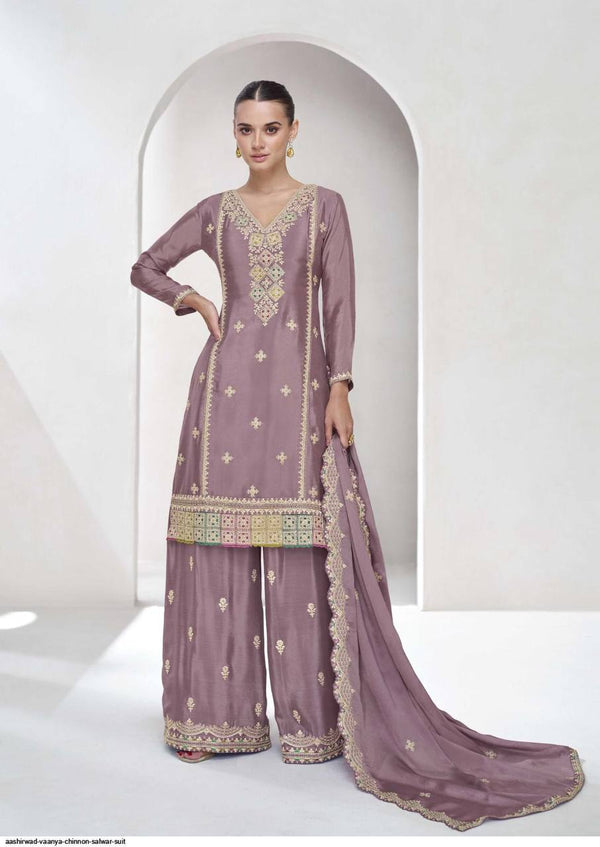 Dusty Purple Elegant Embroidered Chinon Plazo Suit Set – Full Stitched ClothsVilla