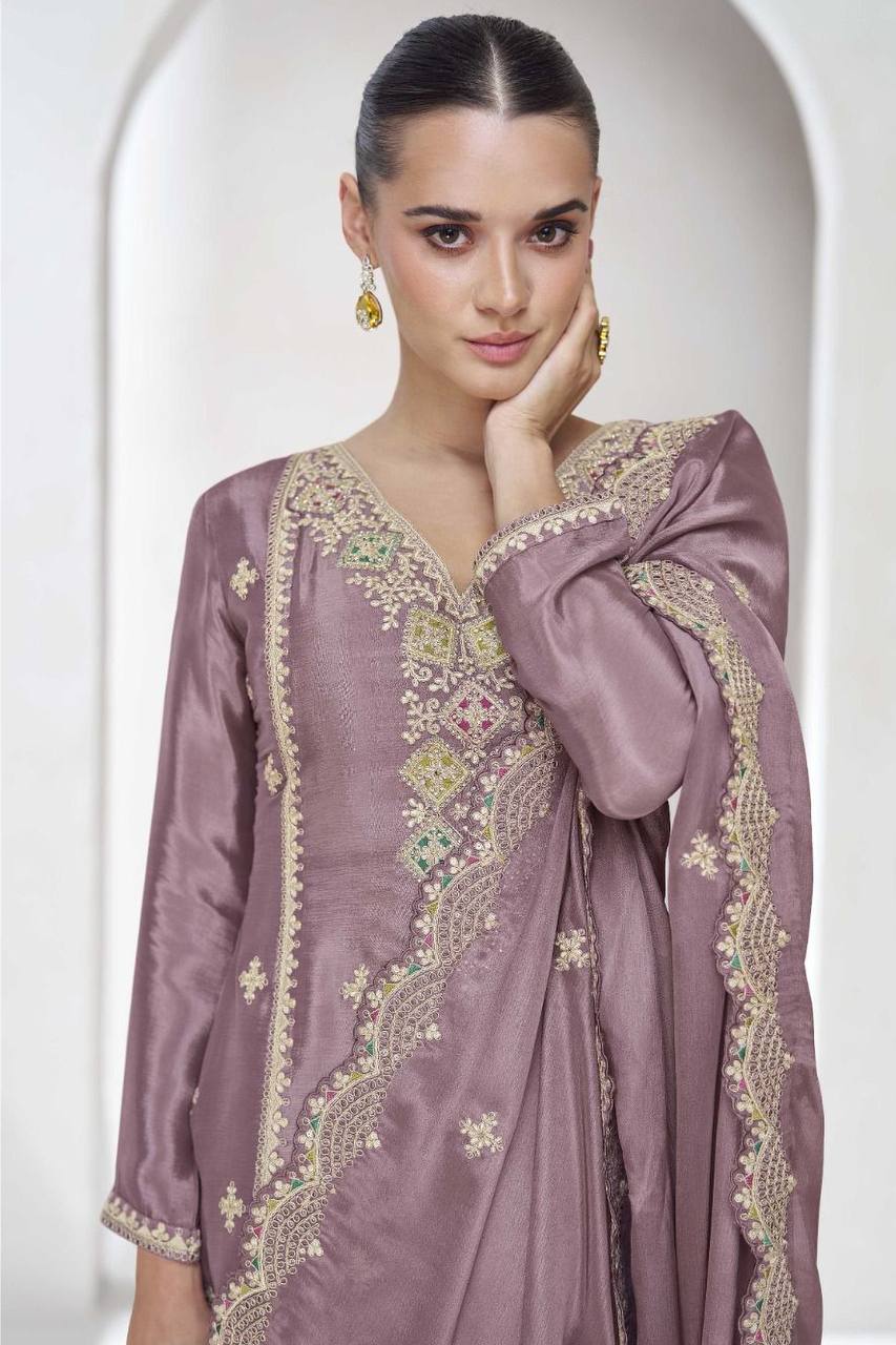 Dusty Purple Elegant Embroidered Chinon Plazo Suit Set – Full Stitched ClothsVilla