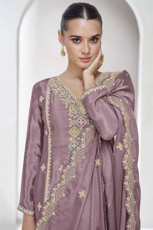 Dusty Purple Elegant Embroidered Chinon Plazo Suit Set – Full Stitched ClothsVilla