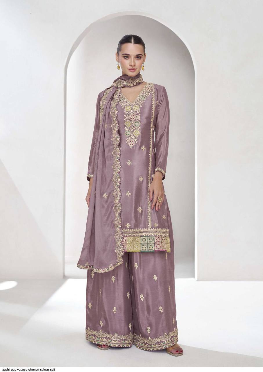 Dusty Purple Elegant Embroidered Chinon Plazo Suit Set – Full Stitched ClothsVilla