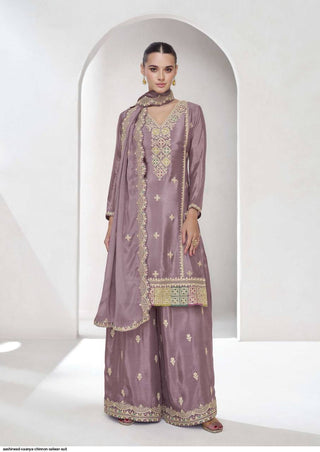 Dusty Purple Elegant Embroidered Chinon Plazo Suit Set – Full Stitched ClothsVilla