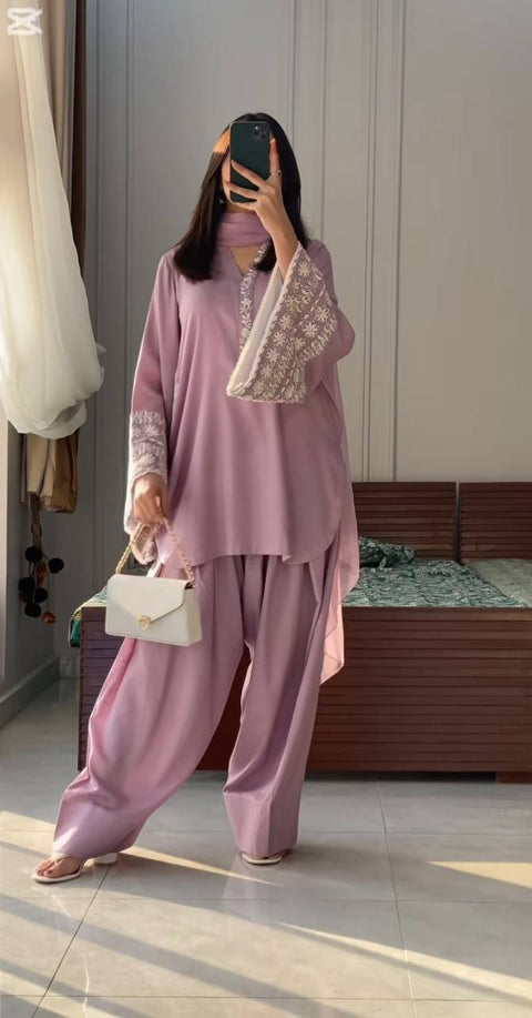 Dusty Purple Elegant Embroidered Natural Satin Top with Farshi Plazzo & Dupatta ClothsVilla Main image