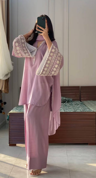 Dusty Purple Elegant Embroidered Natural Satin Top with Farshi Plazzo & Dupatta ClothsVilla