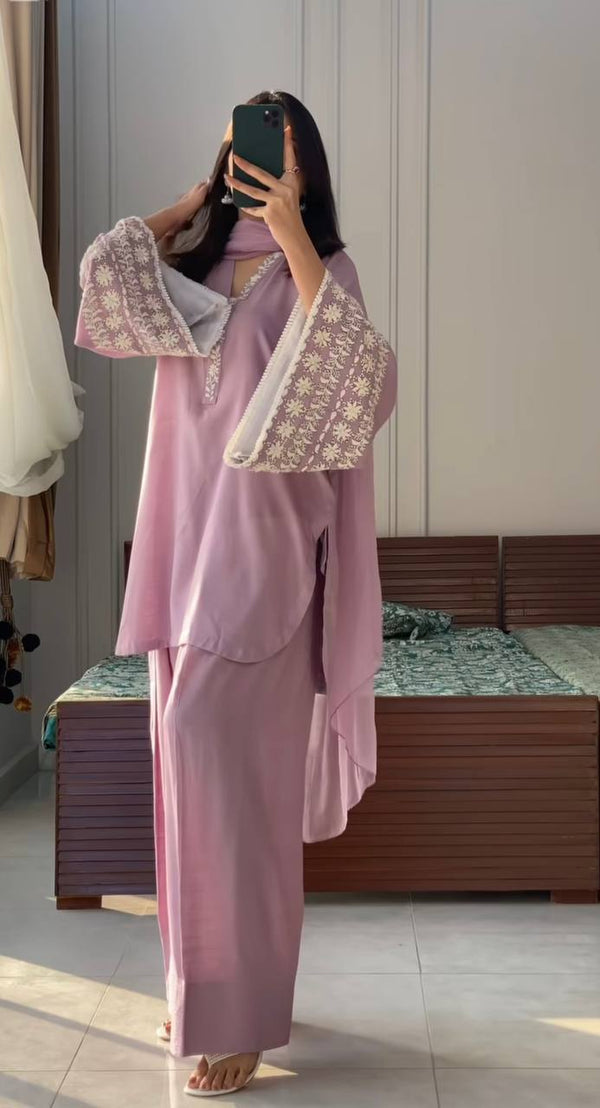 Dusty Purple Elegant Embroidered Natural Satin Top with Farshi Plazzo & Dupatta ClothsVilla