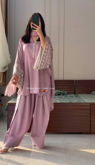 Dusty Purple Elegant Embroidered Natural Satin Top with Farshi Plazzo & Dupatta ClothsVilla