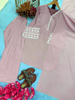 Dusty Purple Elegant Embroidered Natural Satin Top with Farshi Plazzo & Dupatta ClothsVilla