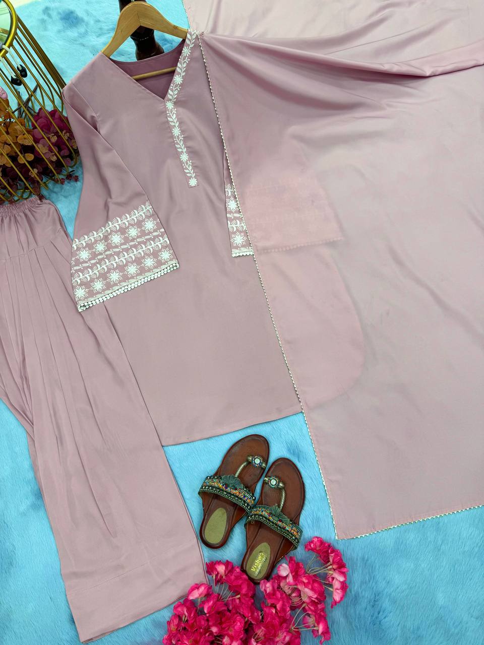 Dusty Purple Elegant Embroidered Natural Satin Top with Farshi Plazzo & Dupatta ClothsVilla