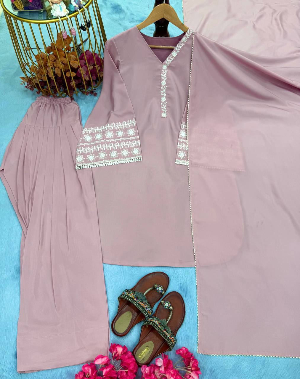 Dusty Purple Elegant Embroidered Natural Satin Top with Farshi Plazzo & Dupatta ClothsVilla