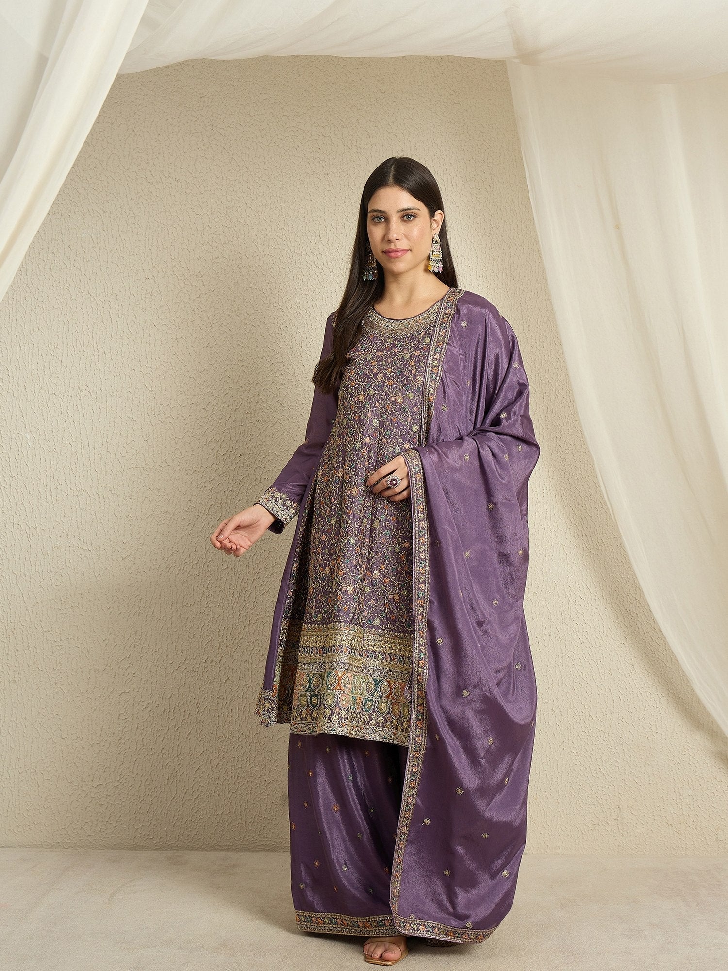Dusty Purple Embroidered Kurta Palazzo Set ClothsVilla