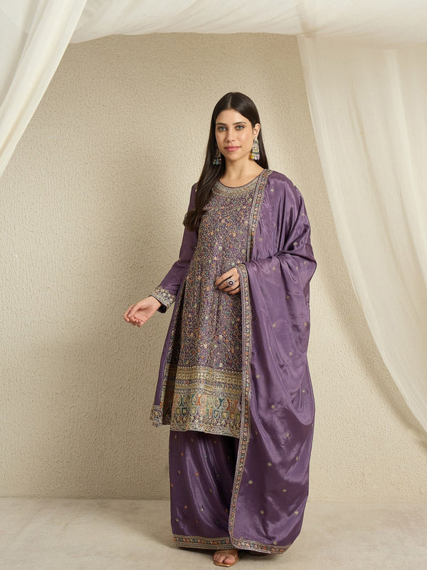 Dusty Purple Embroidered Kurta Palazzo Set ClothsVilla