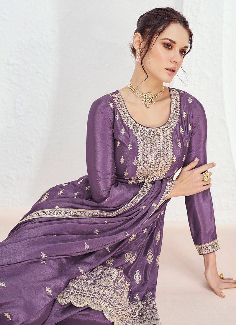 Dusty Purple Exquisite Embroidered Chinon Suit Set with Matching Dupatta ClothsVilla