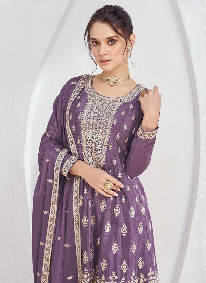 Dusty Purple Exquisite Embroidered Chinon Suit Set with Matching Dupatta ClothsVilla